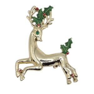 Gerrys Gold Reindeer Christmas Holiday Holly Berry Rhinestone Brooch‎ Pin